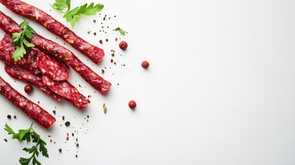 Poster - Spicy dried sausages with parsley and peppercorns on white background.