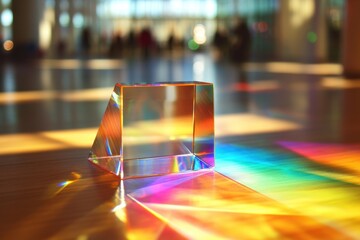 Poster - glass prism refracts light into a vibrant spectrum on a sunny day in a modern space, a glass prism r