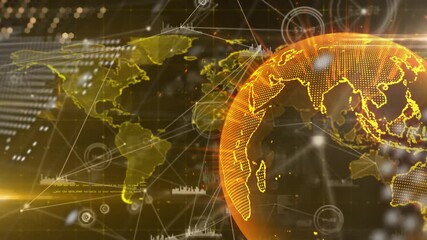 Aufkleber - Glowing dotted 3D globe rotating right with flat 2D map overlay and connecting network lines