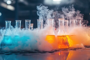 Poster - Brightly colored beakers emit fumes in a chemistry lab experiment filled with vibrant reactions, Chemistry Lab with Colorful Beakers and Fumes in Experiment
