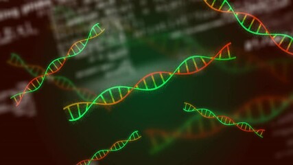 Poster - Neon green and red DNA helices floating diagonally over dark 3D render backdrop, with blurred code