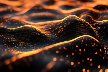 Poster - Dynamic abstract digital wave with orange glows and reflective surfaces creating a mesmerizing visual experience, Abstract digital wave with orange glows and reflective surfaces