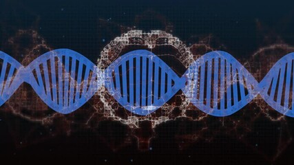 Poster - Continuous blue DNA helix streaming over dark grid, showing glowing energy filaments weaving around