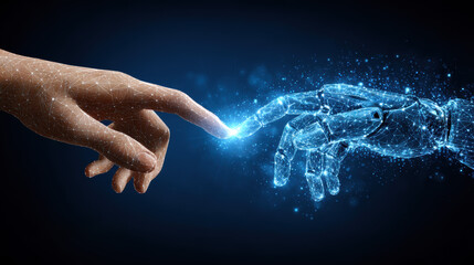 Poster - Human and robotic hands reaching out to connect, symbolizing the merging of technology and humanity in a digital future