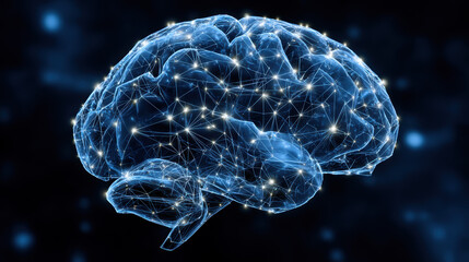 Poster - Digital representation of a brain highlighting neural connections in a deep blue background