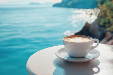 Wall Mural - Enjoying a warm cup of coffee on a table by the sparkling sea during a sunny afternoon, Cup of coffee on table by the sea with coastal view Relaxing coastal morning concept