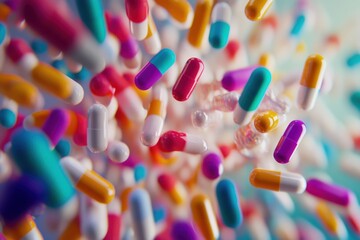 Poster - Colorful capsules suspended in midair create a vibrant visual display filled with dynamic energy, Dynamic display of colorful capsules in mid-air, symbolizing rapid pharmaceutical innovation