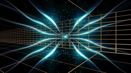 Poster - Central glowing teal energy core radiating translucent beams intersecting golden grid 3D render