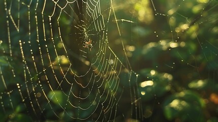Spider on a dew covered web in a forest setting