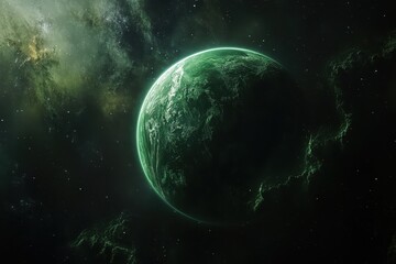 Poster - Green planet illuminated in a galaxy space landscape with nebulae swirling around, green planet on galaxy space landscape Photo background ing for live wallpaper