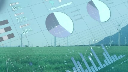 Poster - Displaying rotating wind turbines on green grass field while overlaying flat design data charts