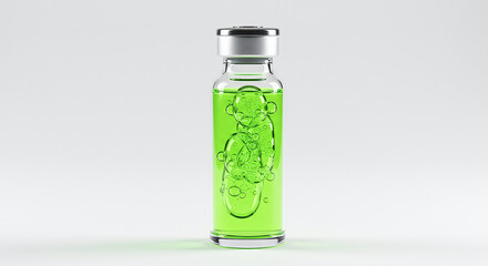 Poster - Medical vial containing green liquid with bubbles on white background