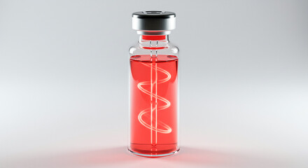 Poster - Medical vial containing red liquid and glowing rod of asclepius symbolizing healthcare and medicine