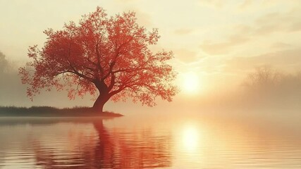 Poster - Solitary Tree at Sunset: A vibrant tree, awash in the warm hues of sunset, casts a perfect reflection upon the serene waters, creating a captivating scene of peace and tranquility.