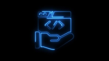 Glowing neon hand symbolizing coding and software development on black background