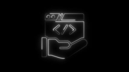 Animated glowing code symbol supported by hand for software development concept