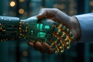 Poster - Businessman engaging in partnership with digital entity at modern office location, Businessman shaking hands with digital partner Industrial artificial intelligence