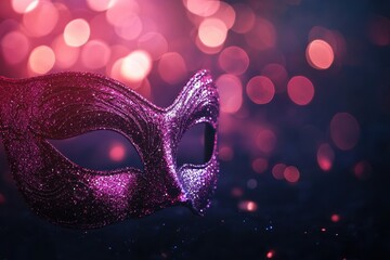 Poster - Glittery masquerade mask with shimmering bokeh on dark background invites mystery and elegance, Glitter masquerade mask on dark background with bokeh lights
