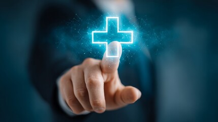 Poster - Businessman Adds Value - A businessman's finger touches a glowing plus sign, symbolizing growth, improvement, addition, progress, and enhancement