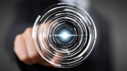 Poster - businessman interacts with futuristic interface - a businessman's finger interacts with a glowing in