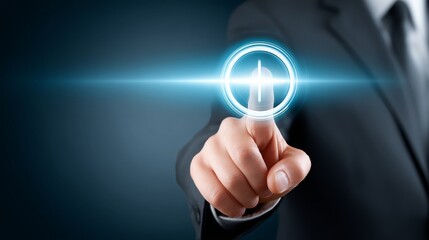 Poster - businessman selecting interface - a businessman in a dark suit interacts with a interface, symbolizi