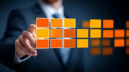 Poster - Data Selection Process for Modern Business - A businessman selects data from a grid interface, symbolizing technology, information, decision-making, progress, and innovation in the world