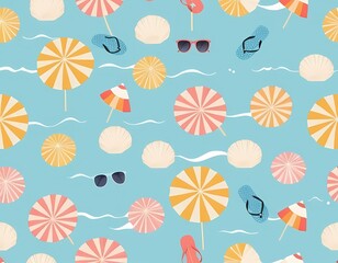 Seamless summer beach pattern with umbrellas, seashells, waves, and flip-flops on blue background. for wrapping paper, textiles,