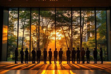 Poster - Silhouettes of people in formal wear facing a scenic sunrise view.
