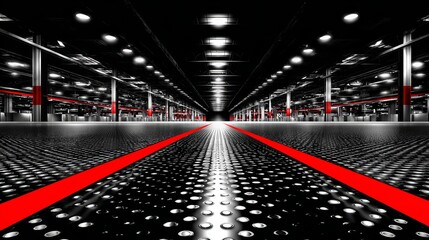 Poster - futuristic factory corridor with red neon lights - a long corridor in a futuristic factory, illumina