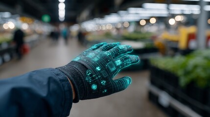 Poster - Futuristic Hand Reaching for Produce - A cyborg hand, adorned with glowing circuits, extends towards a blurred background of a bustling market, symbolizing technology's integration into daily life