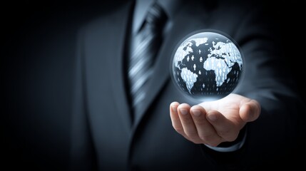 Poster - Global Business Network Connection - A businessman holds a glowing orb representing global connections, symbolizing networking, technology, international business, growth, and opportunity