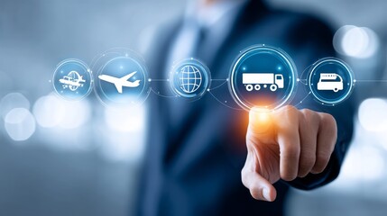Poster - Global Logistics and Transportation Management - Businessperson interacts with a interface showing global logistics, transportation, and delivery options via air, sea, and road