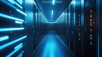 Aufkleber - High-tech data center hallway with glowing blue lighting and server racks, symbolizing cloud storage, AI computing, and digital infrastructure for enterprise systems