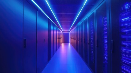 Aufkleber - Modern data center corridor with glowing blue and violet LED lighting, showcasing secure server infrastructure. Ideal for cloud services, IT architecture, and cybersecurity content