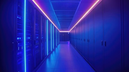 Aufkleber - Illuminated server hallway in a futuristic data center, with violet and blue lighting, representing digital infrastructure, AI, and secure cloud computing environments