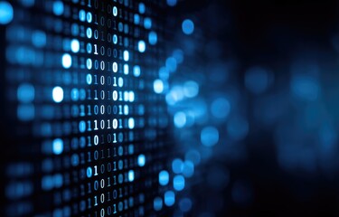 Fototapete - Futuristic binary code glowing in blue across a dark background, illustrating digital data flow. Perfect for cybersecurity, programming, or IT infrastructure visuals