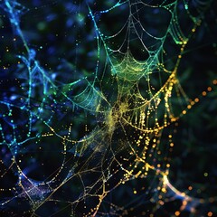 a spider web is intricately woven with countless threads, illuminated by a mesmerizing array of ligh