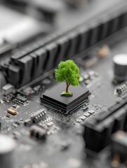 Poster - green tech innovation - a small tree sprouts from a computer chip, symbolizing sustainable technolog