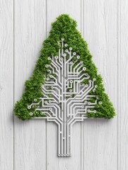 Poster - Green Tech Tree on White Wood - A lush green tree shaped like a circuit board symbolizes technology, nature, growth, sustainability, and innovation