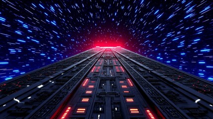 Poster - Holographic Spaceship Hull Structure in Deep Space - Futuristic spaceship design, cosmic journey, technological advancement, red and blue lights, interstellar travel. Symbolizing innovation