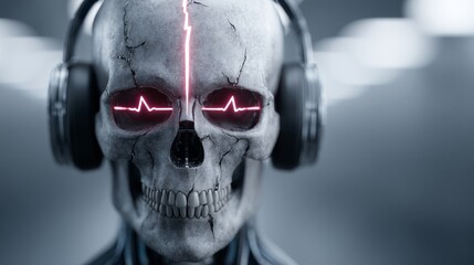 Poster - Hyperdetailed Futuristic Skull with Headphones - A hyper-realistic 3D of a futuristic skull wearing large headphones, glowing pink heartbeat in eye sockets, cracked texture, symbolizing technology