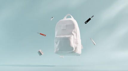 Poster - Minimalist White Backpack 3D  - A floating white backpack with tools symbolizes organization, portability, readiness, creativity, and modern design