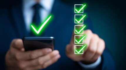 Poster - Mobile Checklist: Efficient Task Management - A businessman uses a smartphone to check off tasks on a checklist. Symbolizing efficiency, organization, progress, completion, and success