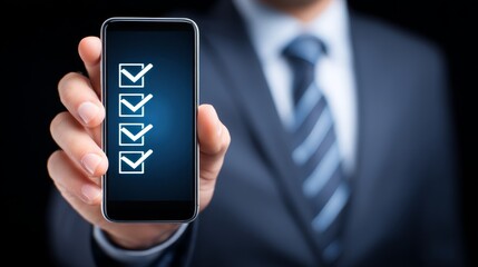 Poster - Mobile Checklist For Business Success - A businessman displays a smartphone checklist, symbolizing task management, efficiency, goal setting, accomplishment, and mobile productivity