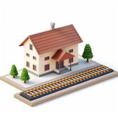 Poster - Low-poly model of a small house next to train tracks.