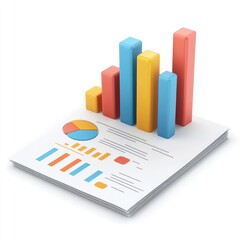 Poster - Colorful bar graph displayed atop stacked documents.