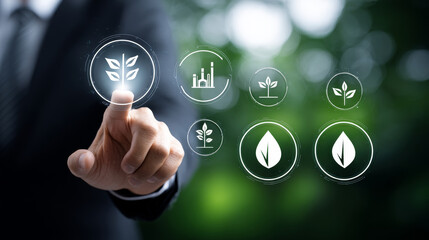 Poster - Sustainable Business Growth Strategy - A business professional interacts with a interface showcasing sustainable growth, environmental responsibility, economic progress, technological innovation