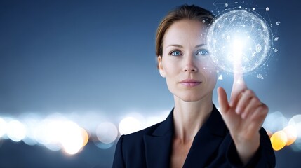 Poster - woman interacting with globe - a professional woman in a dark suit interacts with a futuristic globe