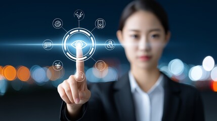 Poster - Woman Using Advanced Technology Interface - Businesswoman interacts with a futuristic holographic interface, showcasing technological innovation and solutions