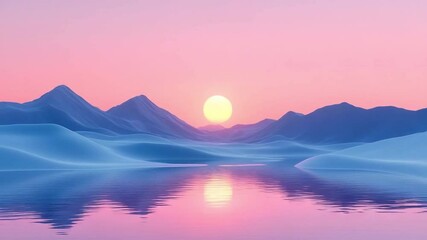 Poster - Serene Sunrise Landscape: Gentle hills embrace the tranquil lake, where the radiant sun kisses the sky with pastel hues, creating a scene of absolute peace. 